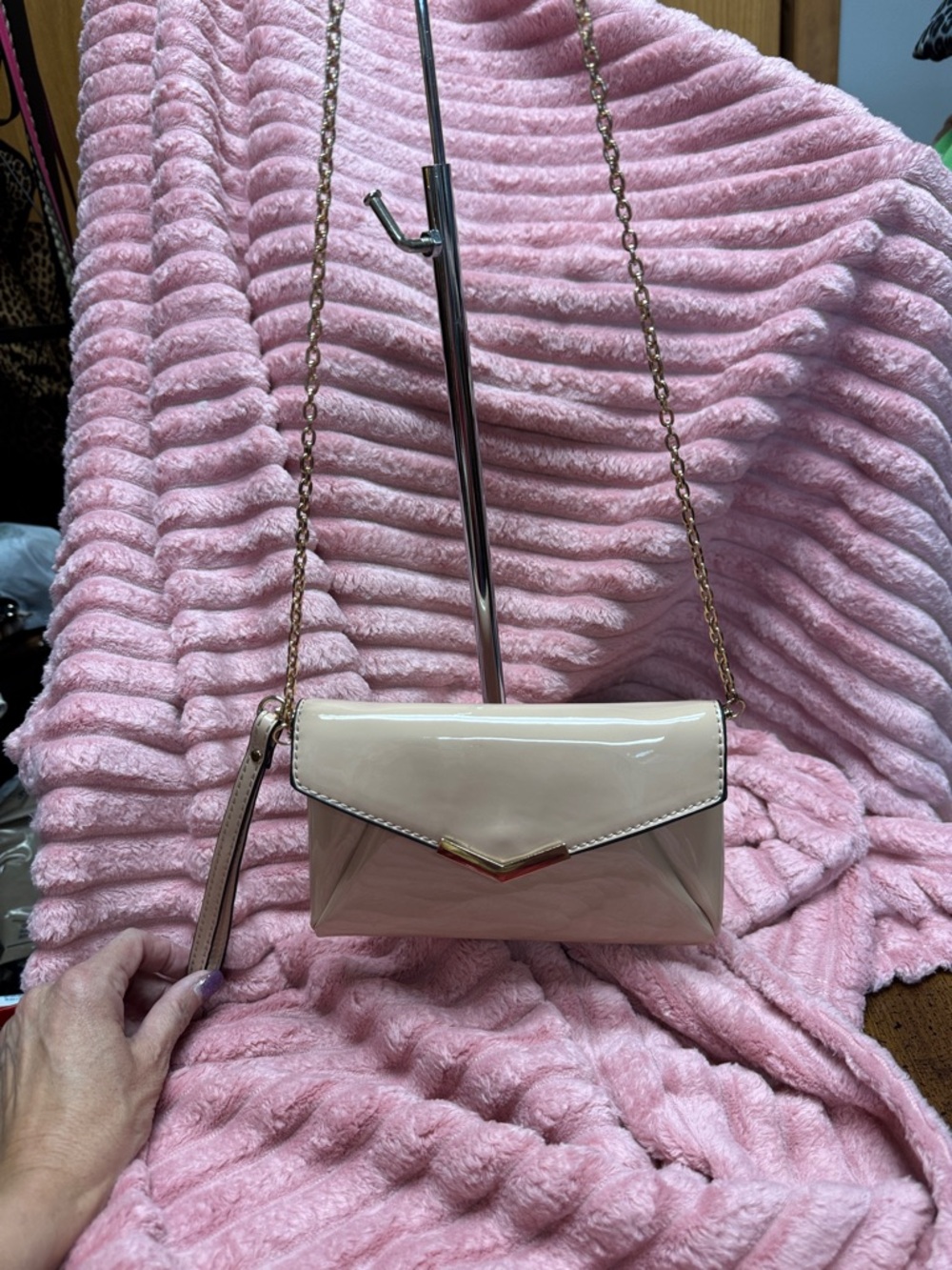 Urban Expressions Patent Mini Crossbody in Nude Beige with Gold Chain